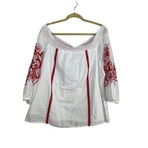 Lane Bryant Top Women 22 Red Off Shoulder Floral Smock Boho Western Hippie 80s